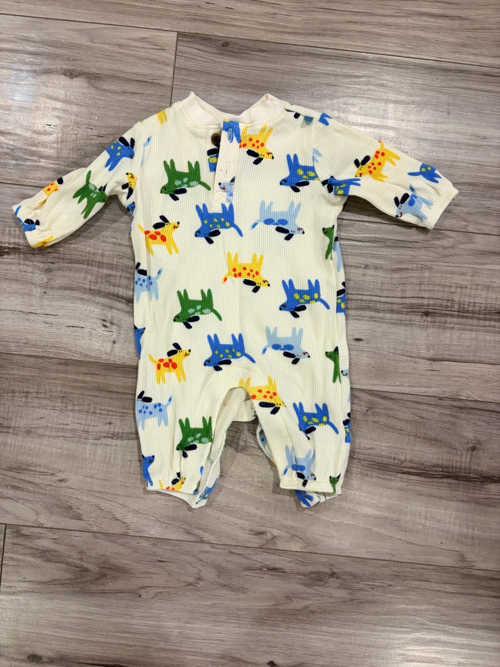Old Navy Cream One-Piece Romper with Blue, Green, Yellow Dog Print
